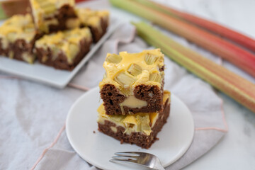 Home made rhubarb cheesecake chocolate brownie on a table
