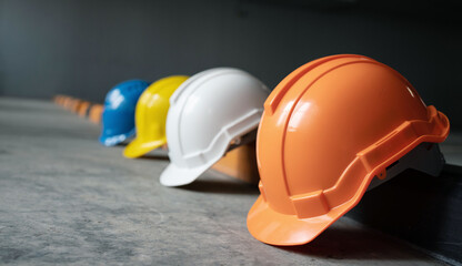 Helmet group for safety working in construction plants. Hard hat For safe at work. Teamwork of construction team must have quality. Whether it is engineering, construction workers.