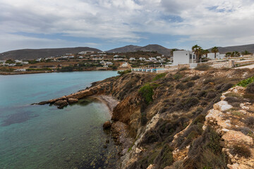 View of the traditional, white buildings, Paros Island, Greece.