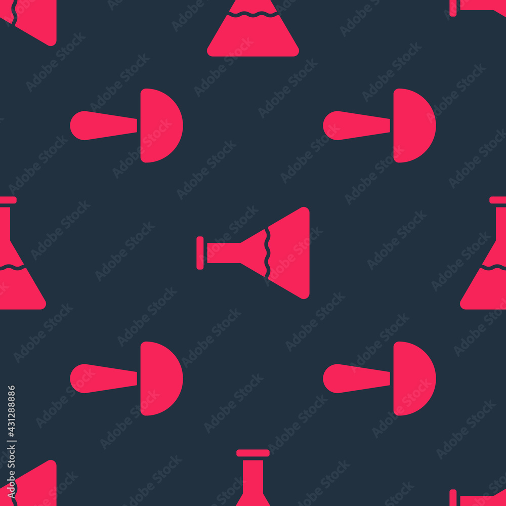 Poster set psilocybin mushroom and test tube and flask on seamless pattern. vector