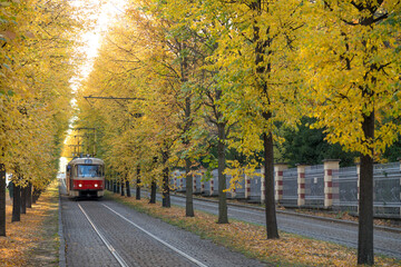 Prague in autumn with a red tram passing by