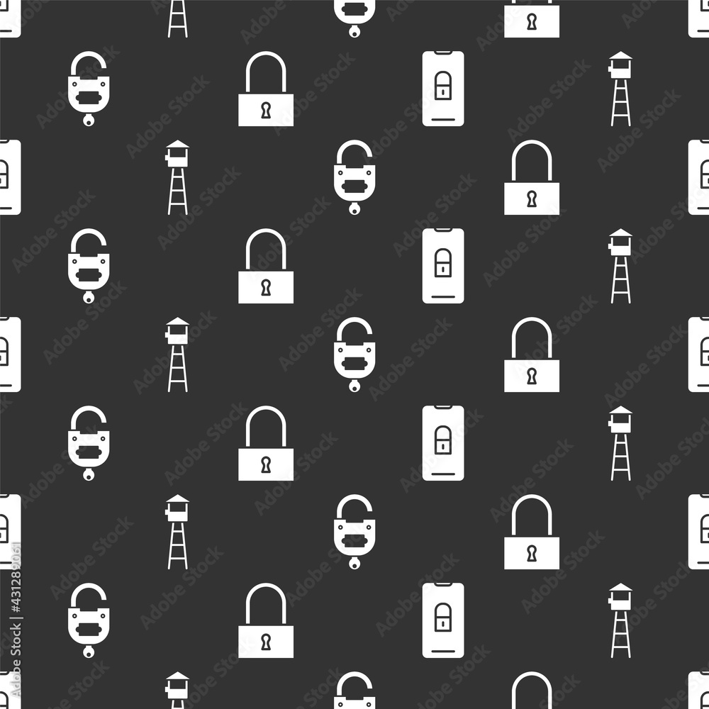 Poster set mobile with closed padlock, watch tower, lock and key and lock on seamless pattern. vector
