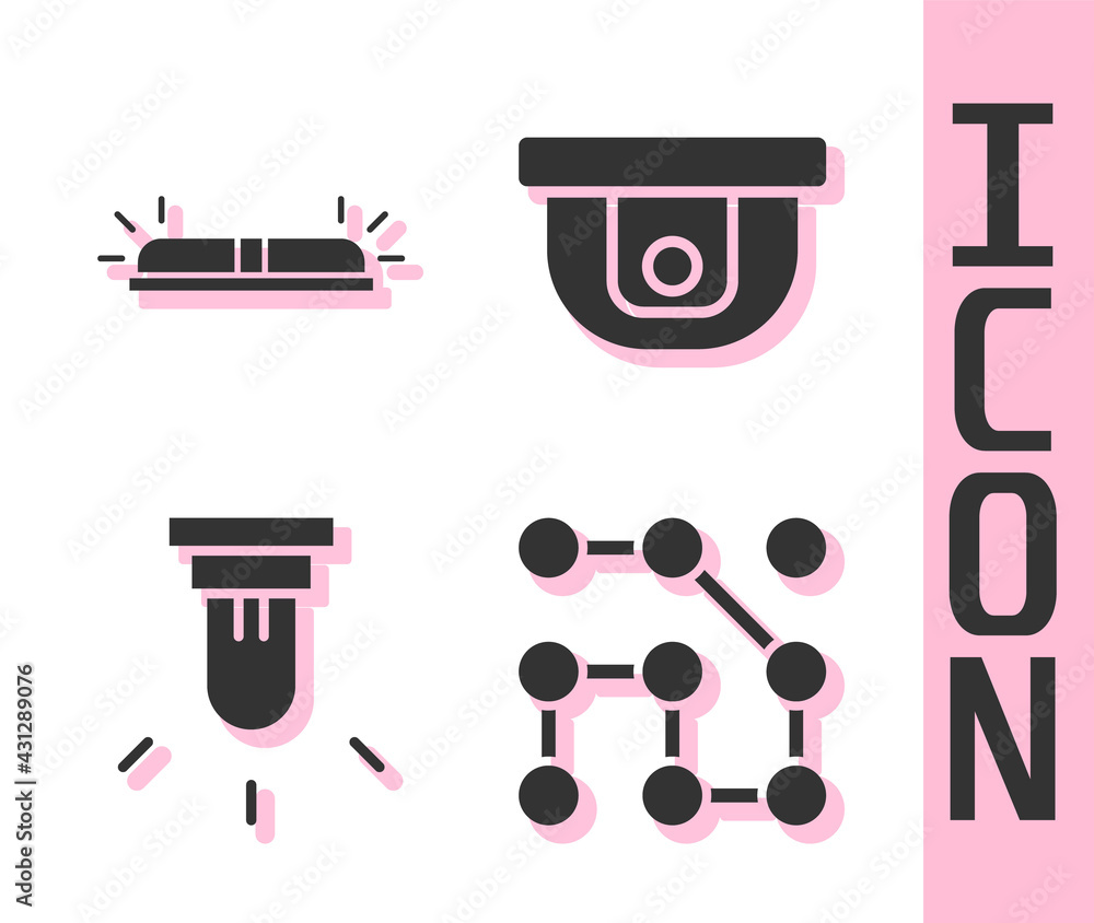 Poster set graphic password protection, flasher siren, motion sensor and motion sensor icon. vector