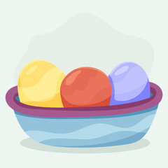 A large plate of colored eggs. Religious holiday.