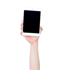 Man's arm raised holding a tablet. Technology concept. Isolate on white background.