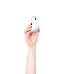 Man's arm raised holding a PC mouse. Technology concept. Isolate on white background.