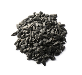 Heap of sunflower seeds isolated on white, top view