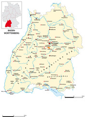 Map of the state of Baden-Wurttemberg in German language