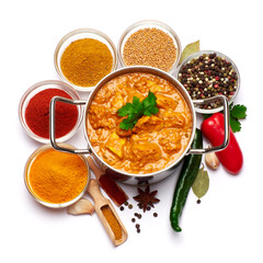 Pot of Traditional Chicken Curry and set of spices on white background