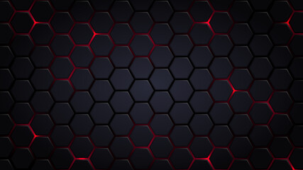 Abstract Futuristic background with hexagons . dark sci-fi hi-tech wallpaper with red lights .