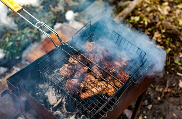 Pieces of marinated pork meat in a metal grill are fried in the coals in the grill in the smoke