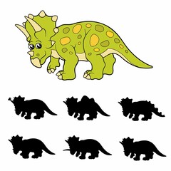 Educational children`s game - find the correct shadow. Preschool activity. Vector isolated cute tricerapots on the white backgroud. 