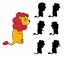 Educational children`s game - find the correct shadow. Preschool activity. Vector isolated cute lion on the white backgroud. 