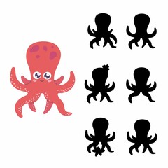 Educational children`s game - find the correct shadow. Preschool activity. Vector isolated cute octopus on the white backgroud. 