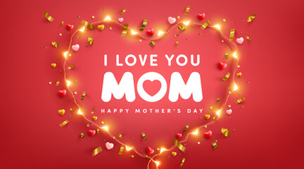 Mother's Day Poster or banner with golden ribbon and symbol of heart from LED lights on red background.Promotion and shopping template or background for Love and Mother's day concept.