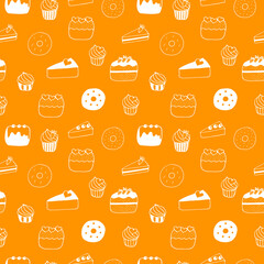 Seamless pattern cakes, cupcakes, cheesecakes, donuts and cakes, vector illustration, hand drawn doodle, orange and white