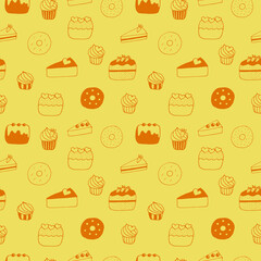 Seamless pattern cakes, cupcakes, cheesecakes, donuts and cakes, vector illustration, hand drawn doodle, yellow and brown