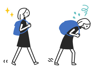 荷物を背負って歩くちまっとした人物