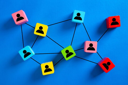 Wooden cube block print screen person icon which link connection network for organisation structure