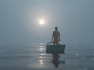 a man in a protective suit is sailing on a boat in the fog © Photobank
