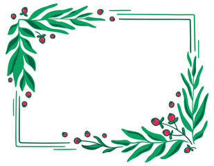 Hand drawn doodle square frame with green leaves and red berries.  Isolated on a white background. Graphic vector illustration for cards, flyers, packaging paper and professional design. 