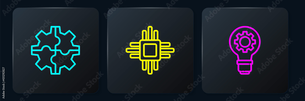 Poster set line gear, light bulb and gear and processor with microcircuits cpu. black square button. vector