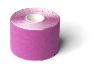 Pink roll of kinesiology tape for athletes on white background. Kinesiology taping manipulate nerve receptors and reduces pain in muscles and speeds up the healing process