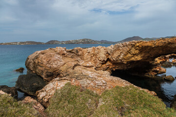 Rocky coast on the west side of the Paros Island, Greece