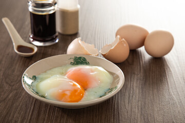 Half boiled organic eggs,  popular Chinese style breakfast in Malaysia kopitiam.
