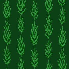 Green twigs with leaves seamless pattern. Hand drawn graphic print. Vector ornament of vertical lines of leaves. Great for decorating fabrics, textiles, gift wrapping design, any printed materials.