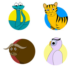 Animals avatar sticker set, owl tiger snake and bull
