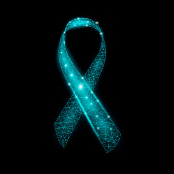 Teal ribbon awareness. Wireframe glowing low poly. Isolated on black background. Vector illustration.
