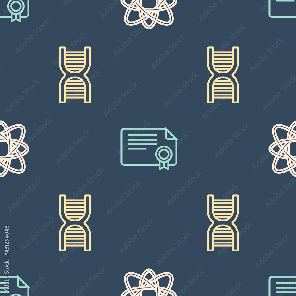 Poster set line atom, dna symbol and certificate template on seamless pattern. vector