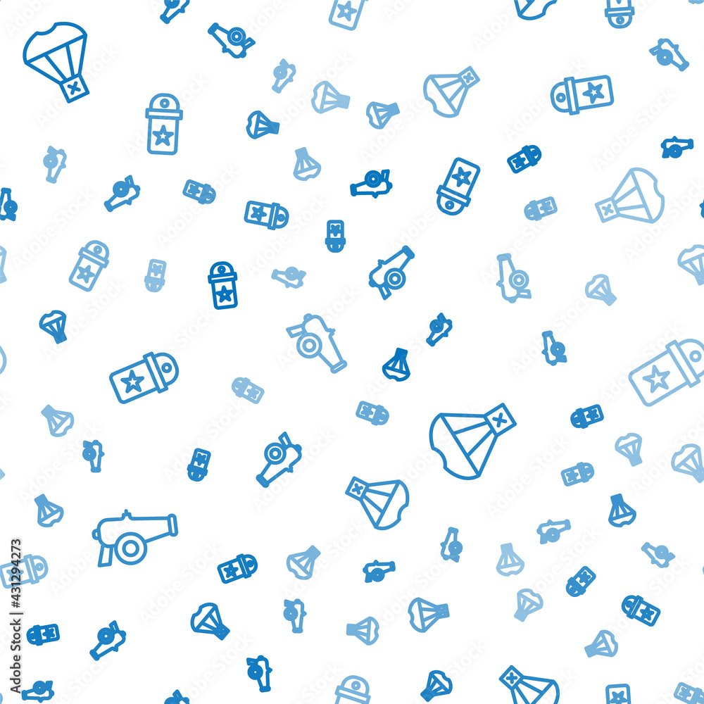 Poster set line cannon, box flying parachute and chevron on seamless pattern. vector