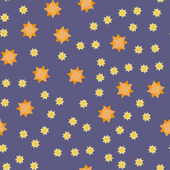 Star pattern. Seamless repeating blue background with different flashes in the sky, circus for baby, kid, child. For textiles, fabrics and printing. Packaging design, wrapping paper, wallpaper. Vector