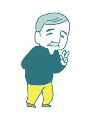 ピースをしているおじいちゃんのシンプルなパステルカラーベクターイラスト　おじいさん　男性