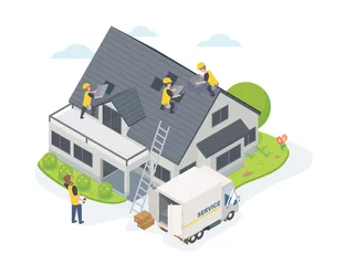 Deurstickers roof maintenance team service house isometric 3d © AllahFoto