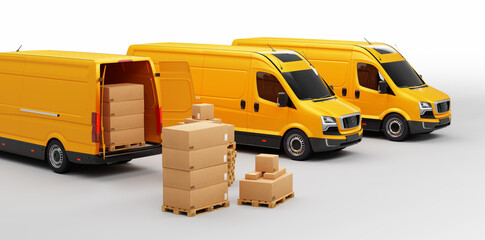 Parcel delivery in van transportation trucks on white.