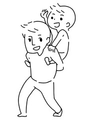 おんぶをしている親子のシンプルなモノクロベクターイラスト　パパ　息子　親子