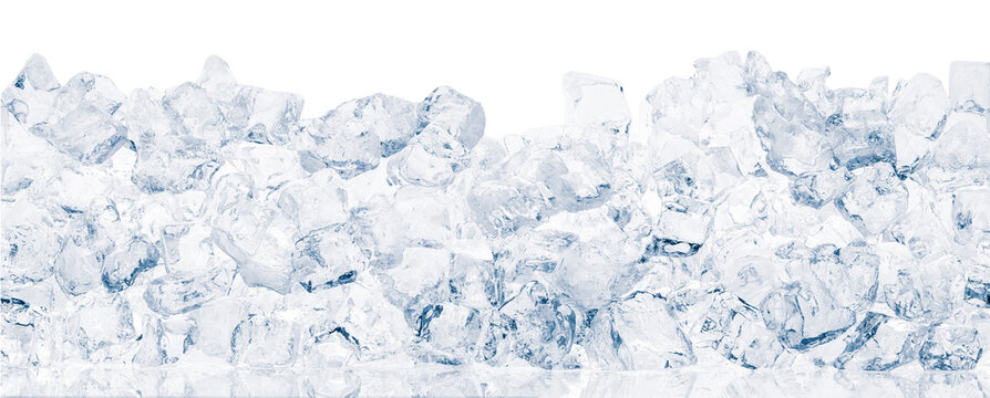 Ice cubes on white background. Heap of crushed ice cubes in white background wide shot.