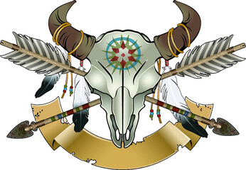 native american indian symbol, Buffalo Skull With arrows and Feathers - obrazy, fototapety, plakaty