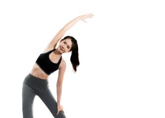 Asian female model with long hair tied up in good health beautiful figure  black gym clothes  loosening muscles To prepare exercise Regularly Isolated white background Health care concept