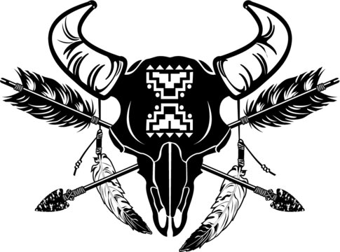 native american indian symbol, Buffalo Skull With arrows and Feathers