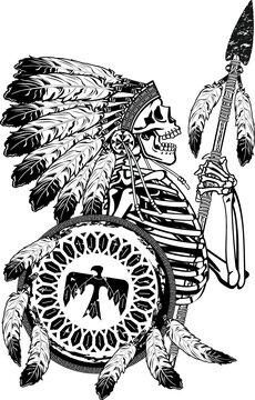 native american skeleton wearing war bonnet, holding spear and shield