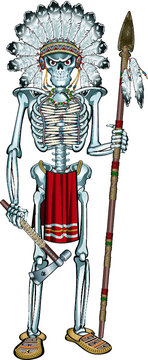native american skeleton wearing war bonnet, holding spear and tomahawk