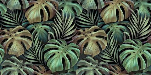 Tropical seamless pattern with beautiful monstera, palm leaves. Hand-drawn dark vintage 3D illustration. Glamorous exotic abstract background design. Good for luxury wallpapers, fabric printing