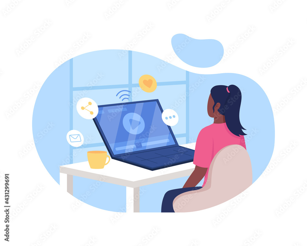 Fototapete watching video online 2d vector web banner, poster. internet learning. woman at computer desk flat c