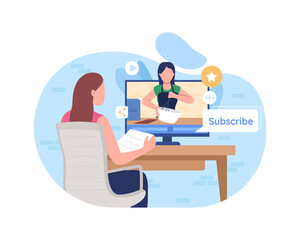 Subscribe to online cooking class 2D vector web banner, poster. Woman watching baking course on internet flat characters on cartoon background. Learn hobby printable patch, colorful web element