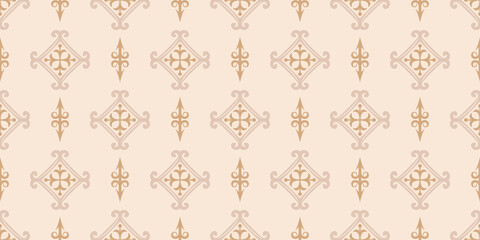 Background pattern in retro style with repeating ornament on beige background, wallpaper. Seamless pattern, texture. Vector graphics