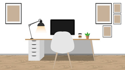 Workplace room design, Office studio for home workspace computer. No People House Flat vector illustration in flat cartoon style.Illustration EPS 10 